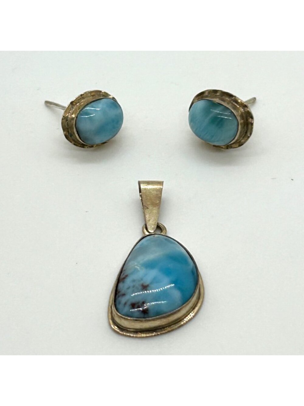 Vintage Sterling Silver Earring Pendant Larimar Natural Blue Stone Artisan